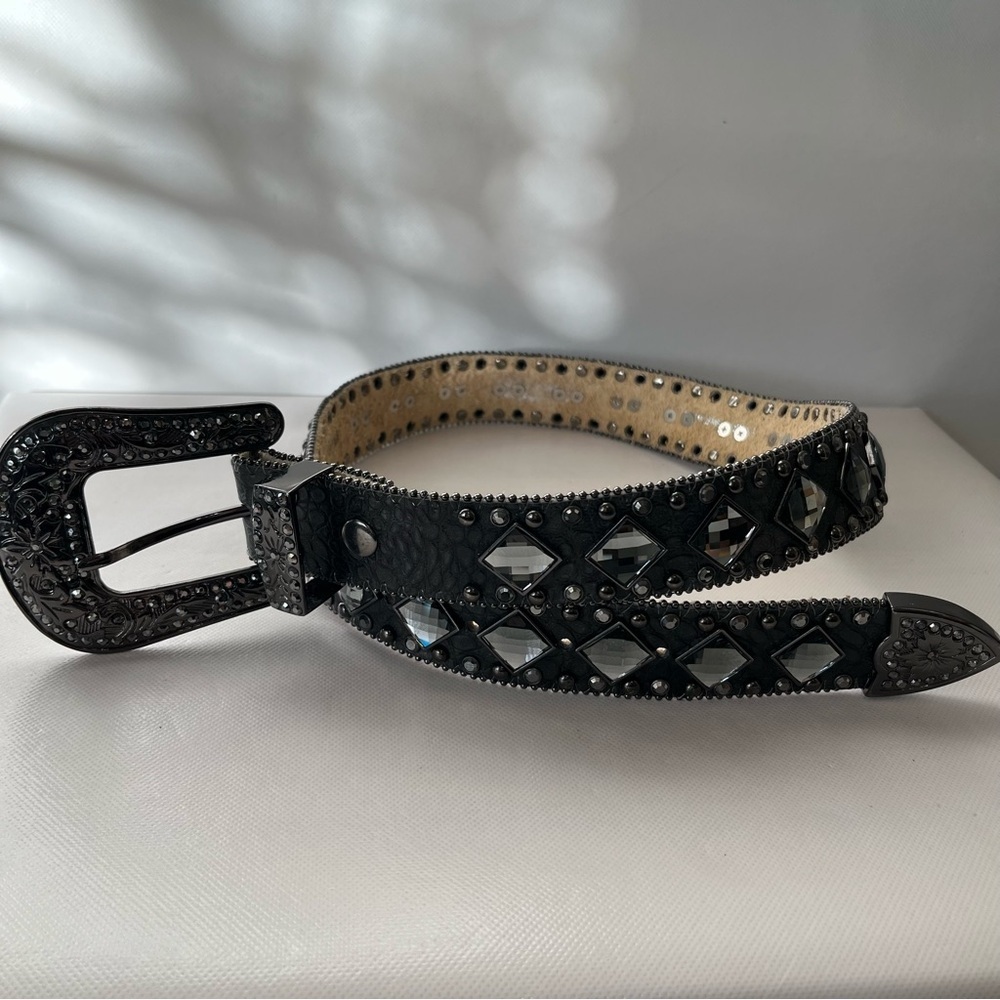 Nocona Grey Charcoal Rhinestone Studded Leather Western Belt